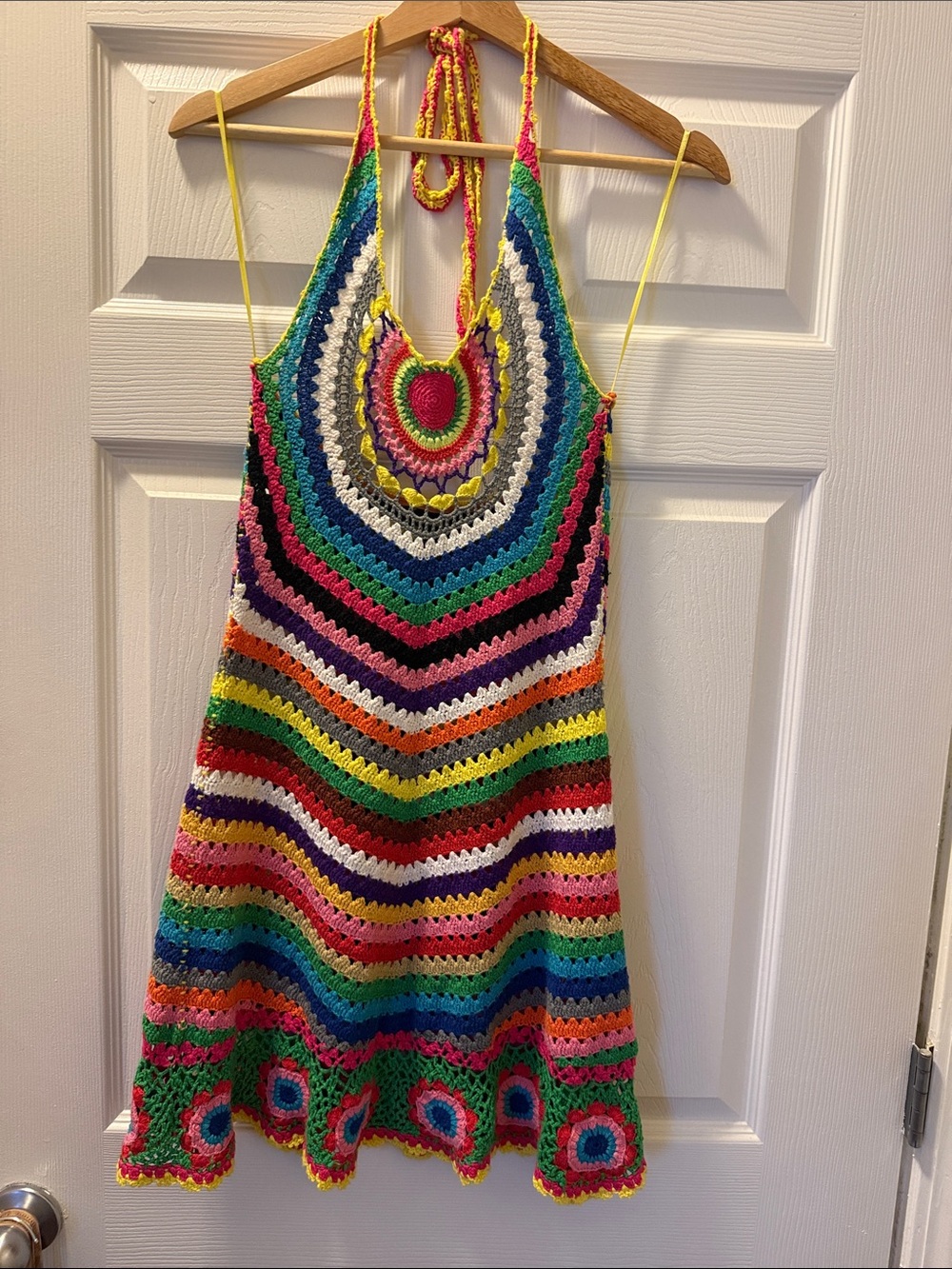 Double Zero Crochet Rainbow Mini Dress with Yellow Straps Med EUC